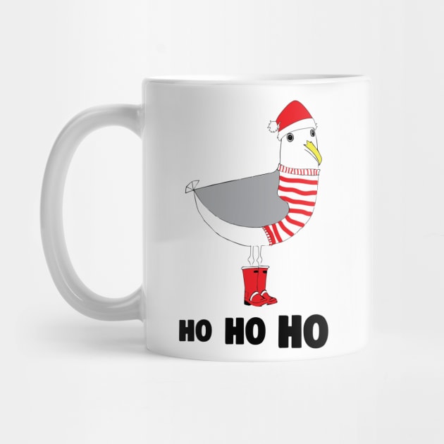 Cute christmas Seagull - ho ho ho - stripy jumper and rubber wellies with santa's hat by ayelandco